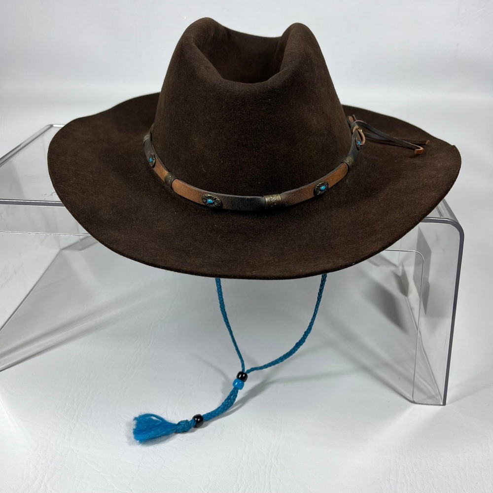 Borsalino Brown Fur Felt Hat Made in Italy Turquoise Studded Leather Band Large